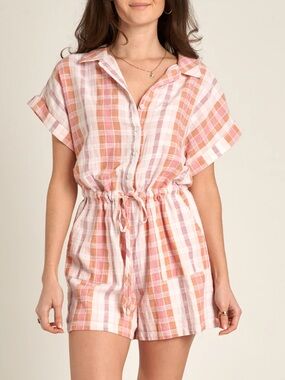 En Creme Cordelia Pink and Orange 100% Cotton Plaid Short Sleeve Romper Small